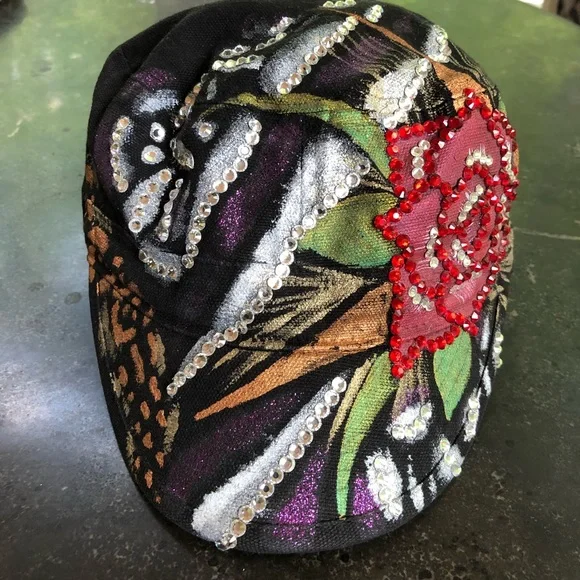 Trucker hat embellished with metallic paint, crystals, and beads - adjustable - Picture 5 of 15